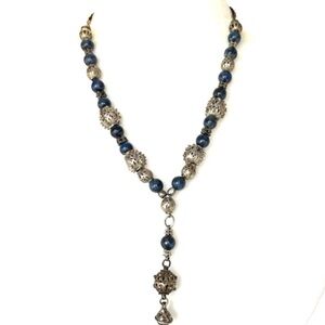 Lapis Lazuli Sterling Silver Beaded Necklace Lariat Brutalist Style